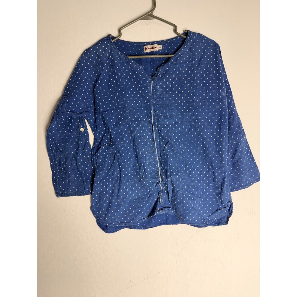 Fabindia Blue Polka Dot Cotton Tunic Top V-Neck 3/4 Sleeve Blouse Medium